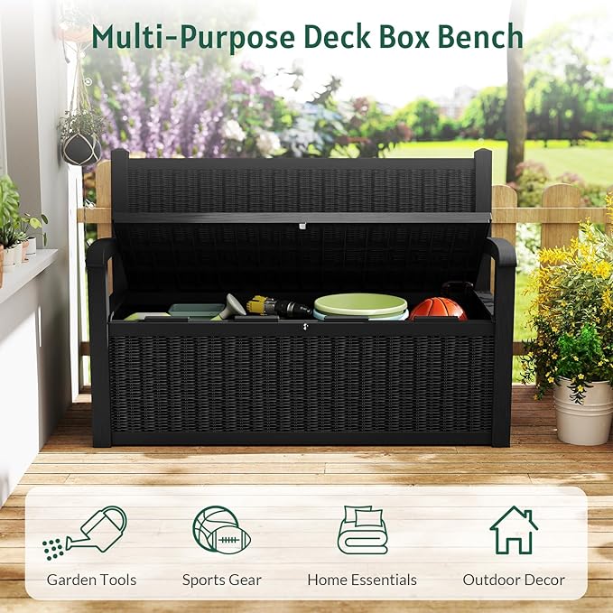 Skepphlay 70 Gallon Storage Bench Outdoor, Deck Box Bench with Armrest, Lockable Outside Benches with Storage, Deck Boxes Waterproof for Pool Patio Garden (Black)