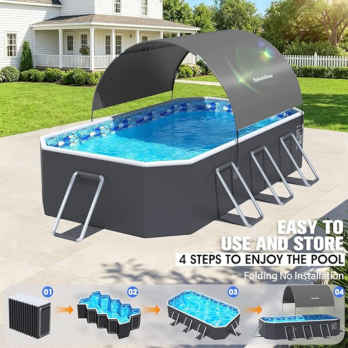 Foldable Pool with Canopy, Non Inflatable Pool, Large Foldable Swimming Pool for Adults Portable Pool, Large Collapsible Pool with Shade, Folding Hard Plastic Pool for Backyard(90"x50"x20")- Gray