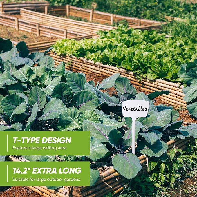 Weysat 100 Pack Outdoor Plant Markers 14.2 Inch Garden Labels with Pen Waterproof T Type Plastic Plant Tags Durable Nursery Garden Markers for Herbs Seed Pot Flowers Vegetable