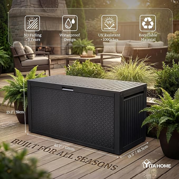 YITAHOME 90 Gallon Outdoor Storage Deck Box, Waterproof Resin Deck Box w/Handles, Lockable Outdside Deck Box for Patio Furniture, Garden Tools, Lockable & UV Resistant(Black)
