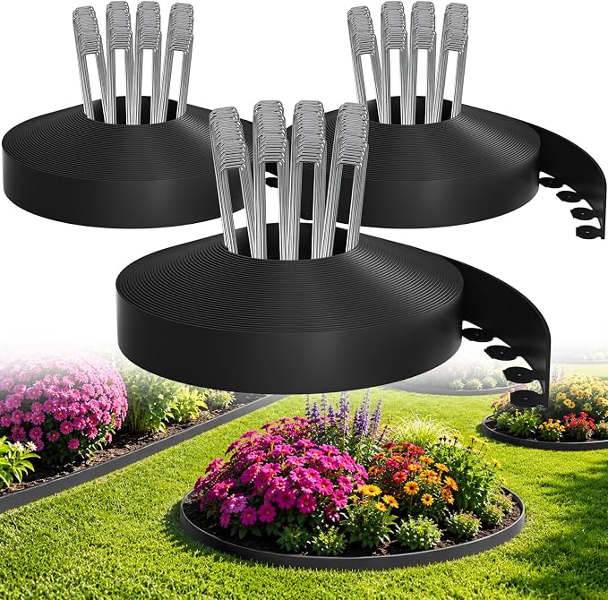 Bonviee 200FT Landscape Edging Kit, 1.5” No-Dig Garden Edging Border with 300 Stainless Steel Stakes, 3 x 67FT Flexible Lawn Edging for Flower Beds, Yard, Tree Rings & Landscaping
