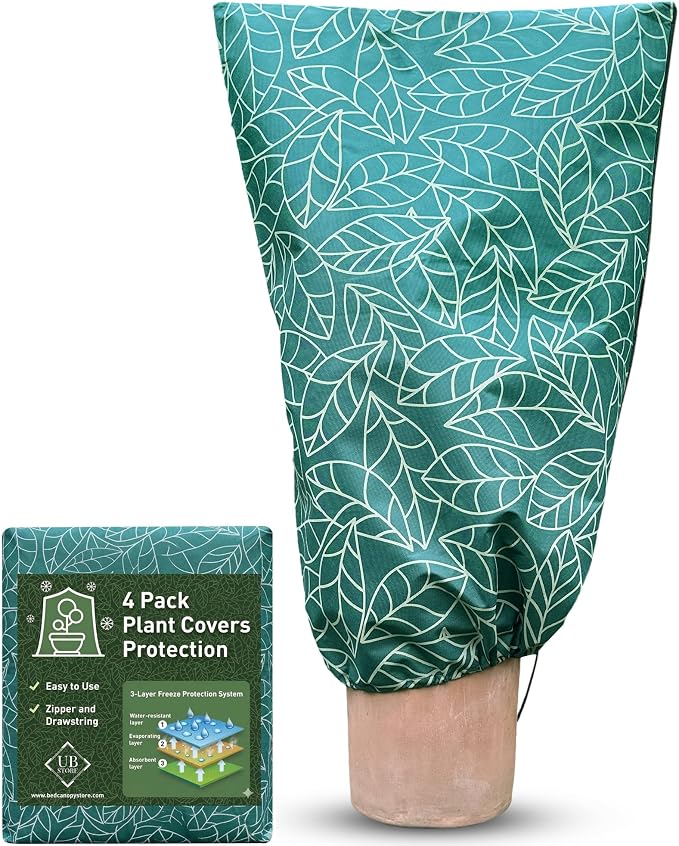 Plant Covers Freeze Protection 32"x47" in 4 Pack | Green Winter Frost Blankets for Outdoor Plants | Reusable Garden Cover Bags with Zipper Drawstring | Cold Weather Shrub Protection Cloth