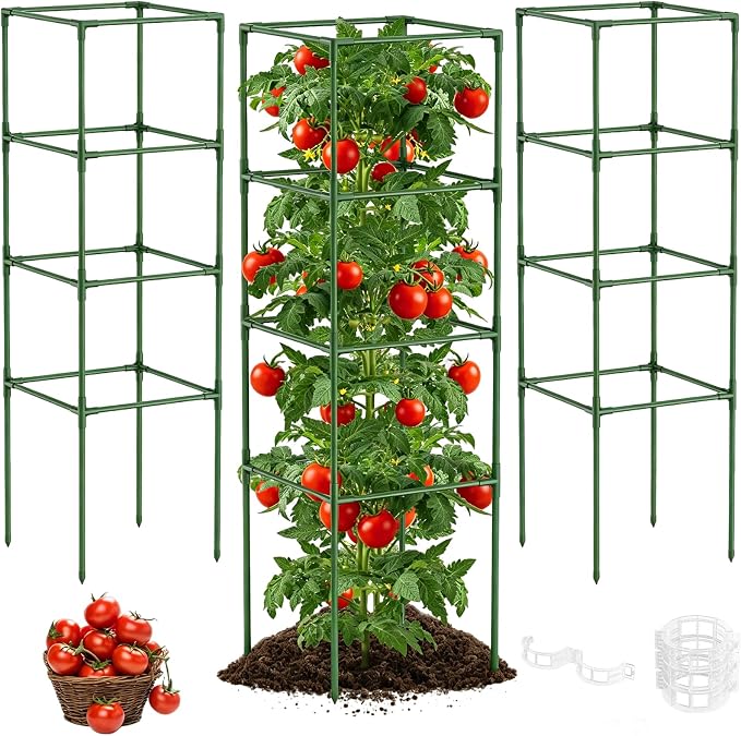 14.5" W x 53" H Tomato Cage for Garden, 3 Pack Square Tomato Trellis Plant Support Frame with 50 Pcs Plant Clips, Suitable for Climbing Vegetables, Flowers, and Fruits