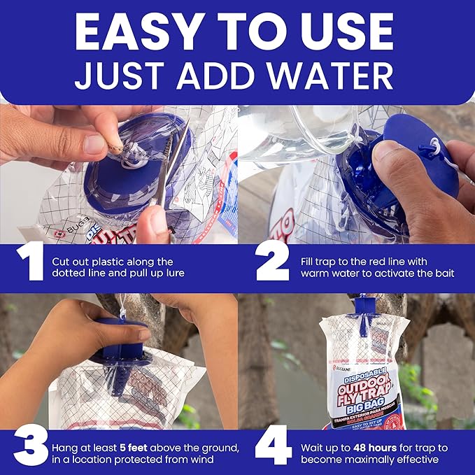 Fly Traps Outdoor Fly Trap for Patio. 2 Large Non-Toxic Pre-Baited Flies Bags Outdoor Disposable. Big Hanging Bug Catchers for All Filth Flies Killer for Outside Bug Control in Yard Horse Ranch.