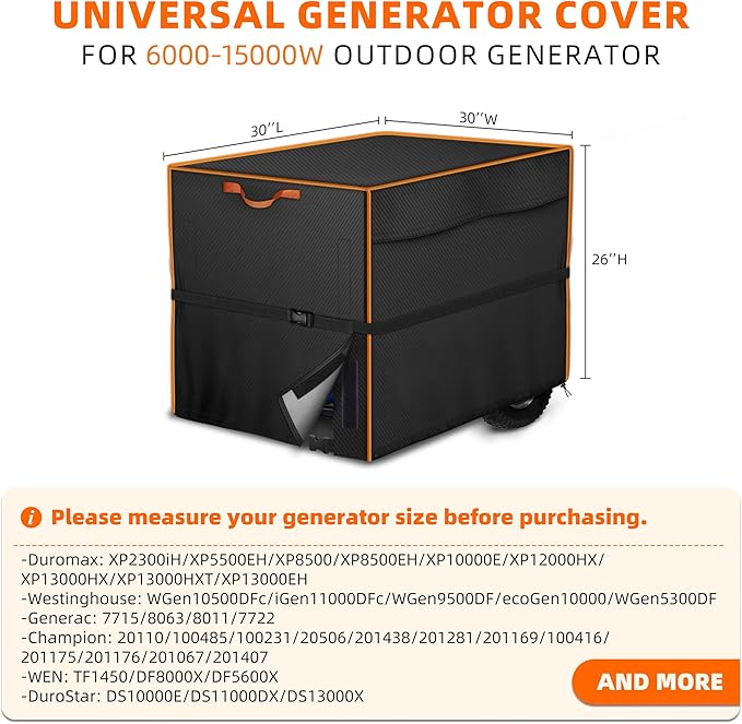 Outdoor Generators Cover 30x30x26 inch, Waterproof & Heavy Duty Cover & Windproof for Most Generators 5000-1500 Watt, Black