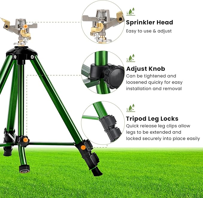 Pattiumo 2 Pack Lawn Sprinklers for Yard - 360° Tripod Sprinklers for Yard Large Area - Heavy Duty with 3/4 Inch Connector and Extension Legs - Flip Locks