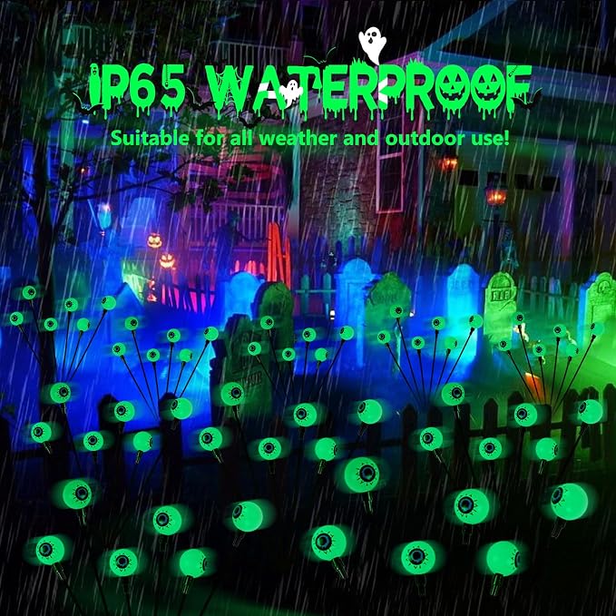 Solar Halloween Decorations Outdoor 6 Pack 36 LED Green Solar Eyeball Light | Newly 3-Tier Design, 2 Lighting Modes, Auto ON/OFF, IP65 Waterproof, Firefly Lights for Graveyard Lawn Garden Horror Party