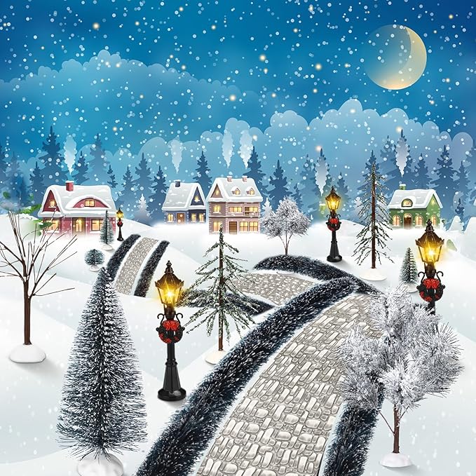 Hotop 18pc Christmas Village Accessories 47.2 Inch Village Roads Mini Snowy Trees Streets Light Lamppost Hedge Figurines Set for Display Winter Holiday Decorations DIY Crafts No Batteries(Chill)
