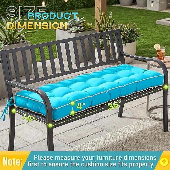 Outdoor Bench Cushion, Tufted Patio Seat Pad for Garden Bench, Porch Swing, Indoor/Outoor Furniture (Teal Blue, 36X14X4 inch)
