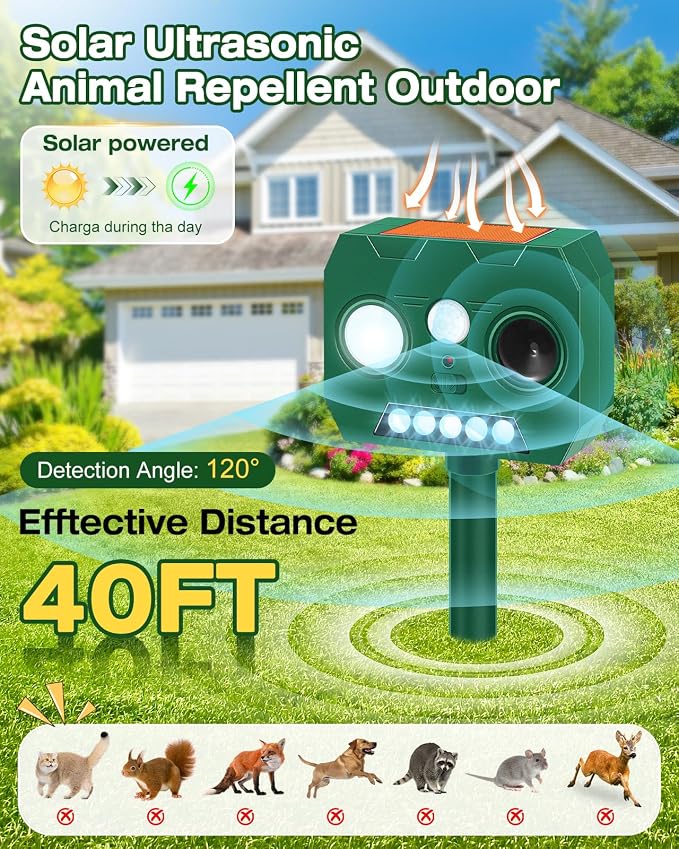 Solar Ultrasonic Animal Repellent Outdoor, 2 Pack Cat Repellent Outdoor Deer Repellent Devices with PIR Motion Sensor ＆ LED Flash, Waterproof Squirrel Repeller, Cat, Raccoons, Rabbits, Deer, Skunk