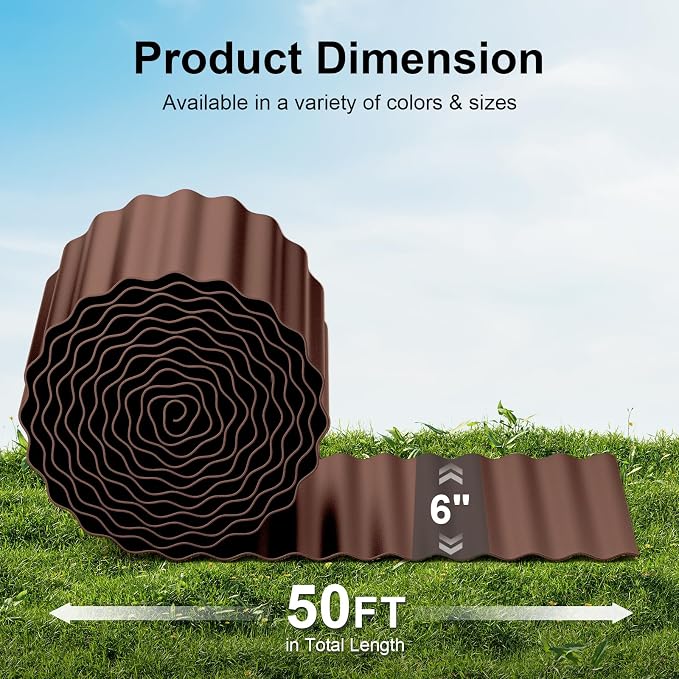 Land Guard Corrugated Garden Edging Border, 6" x 50' Landscape Paver Edging, Tall Landscape Edging, Fence for Garden, Flower Bed, Lawn and Landscape Edging (Brown)