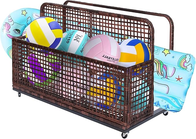 Garvee Pool Float Storage Organizer with Wheels, Outdoor Wicker Pool Storage Bin for Floats & Toys, Rolling Poolside Storage Rack for Patio Backyard Deck Box