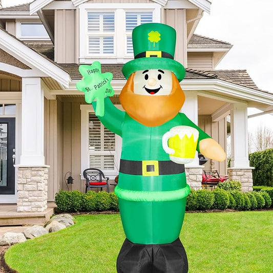 8 FT St. Patrick's Day Inflatable Leprechaun, Blow up Leprechaun Holds Shamrock and Beer Cup Outdoor Decoration with LED Lights, Perfect for Yard Garden Lawn Front Door Holiday Decor
