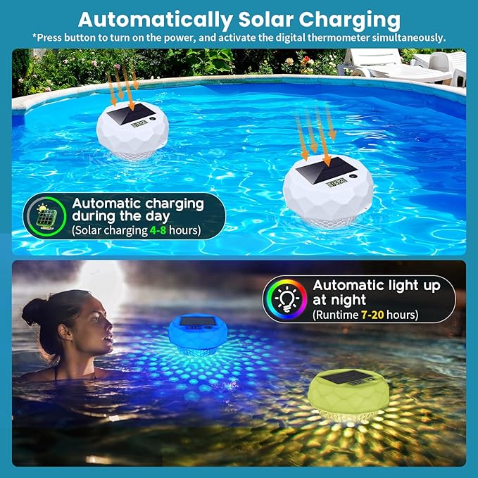 Solar Pool Chlorine Floater, Pool Light that Float With Thermometer, Remote, 8 Lighting, Timing Mode, IP68 Waterproof, Floating Chlorine Tablet Dispenser for Pool, Spa Bathtub, Hot Tub, Pond Decor