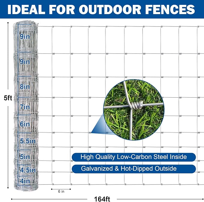Galvanized Farm Fence, 5ft x 164ft Heavy Zinc Coated Wire Fencing for Livestock & Animals, Ideal for Goats, Cattle, Hogs, Deer, Cattle Panel & Pasture Enclosure