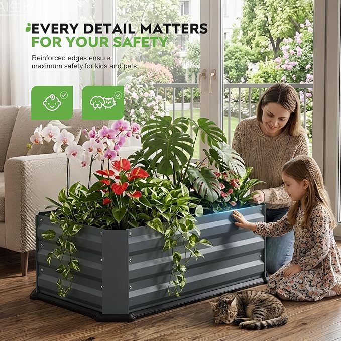 2 Pcs Galvanized Raised Garden Bed with Bottom, Indoor Metal Raised Garden Beds, Easy Assembly No leaks & Rust-Proof Flower Bed, Outdoor Planter Box for Vegetables, Herbs, Patio, Balcony, Grey