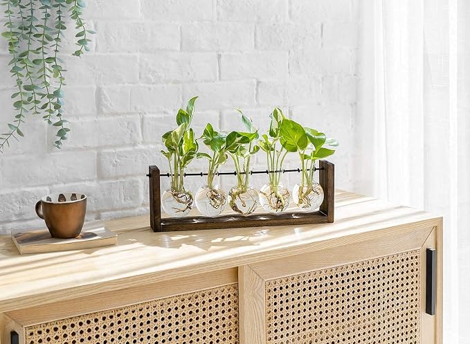 Mkono Plant Terrarium with Wooden Stand, Wall Hanging Glass Planter Desktop Propagation Bulb Vase Metal Swivel Holder Retro Rack for Hydropoincs Plants Home Office Decor（5 Bulb Vase）