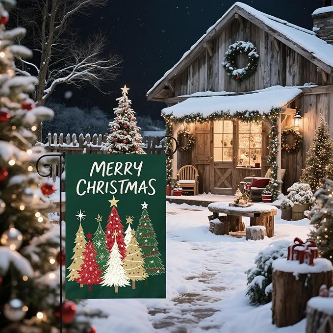 Merry Christmas Garden Flag 12x18 Inch Forest Green Xmas Tree Holiday Winter Decorative Yard Flags for Outside Double Sided Seasonal Outdoor Home Farmhouse Decoration Porch New Year Decor