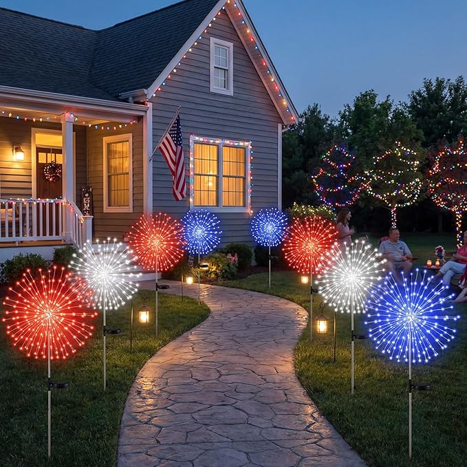 Tujoe 9 Pcs 4th of July Solar Firework Lights Patriotic Solar Light Outdoor Garden 120 LED 8 Modes Waterproof LED Sparkler Light for 250th Anniversary Patio Yard Pathway Walkway (Red,White,Blue)