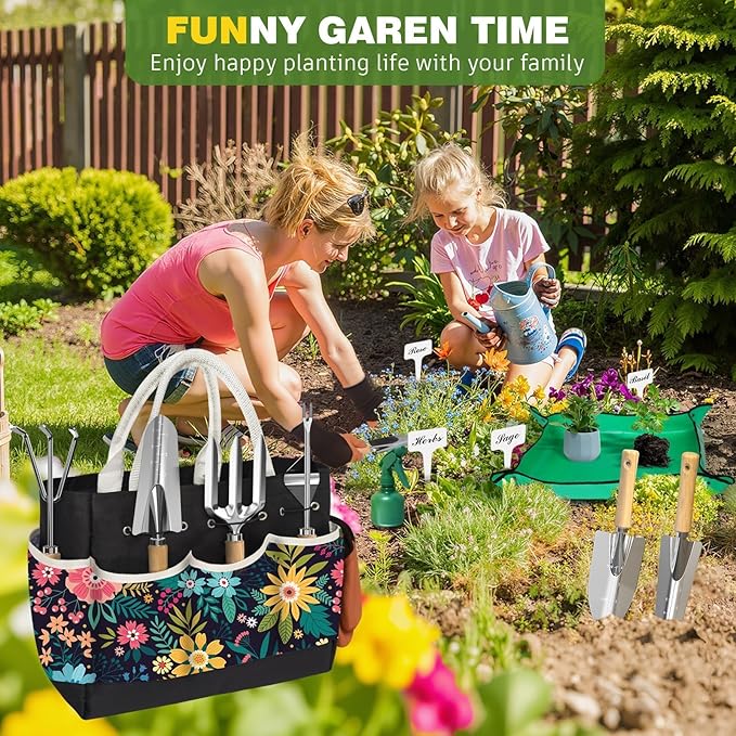 22Pcs Gardening Tools Set for Women Heavy Duty Garden Hand Tool Kit Garden Gifts for Mothers Day Mom Beginner Gardening Accessories with Tote Bag/Shovel/Repotting Mat/Plant Labels/Gloves-Black