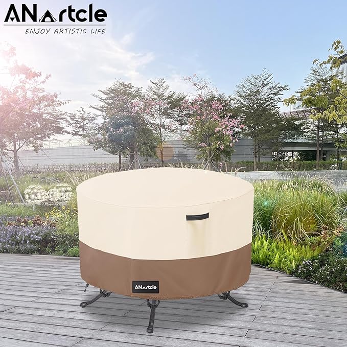 ANartcle Round Patio Table Covers 36inch,100% Waterproof 600D Heavy Duty PatioTable Cover,Round Patio Table Covers for Outdoor Furniture,36"DIA x 23"H,Beige&brown.