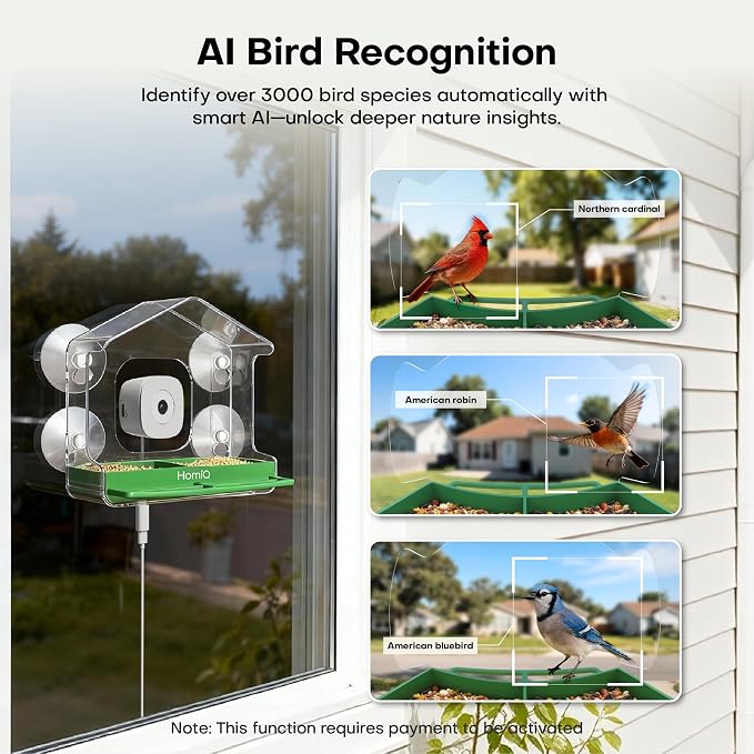 Smart Bird Feeder with Window Camera, 2K HD Camera for Window Viewing, AI BirdSpecies Recognition & Instant Alerts, Sturdy Acrylic Outdoor, Alexa Compatible, Gift for Bird Lovers