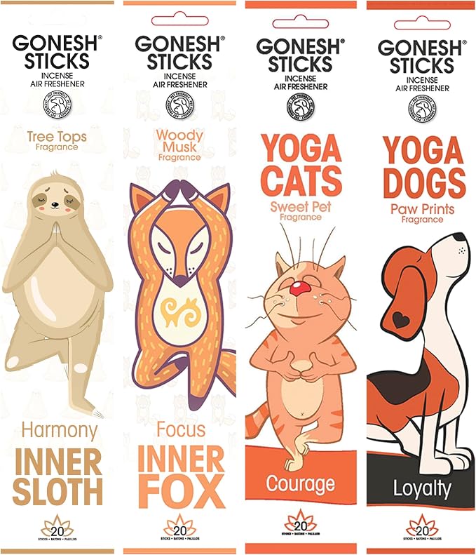 Gonesh Zen Pet Collection - Incense Sticks Variety Pack - Non-Toxic 10” Slow Burn Aromatic Sticks - Sweet Pet, Woody Musk, Paw Print, Tree Tops - 20 Sticks Each