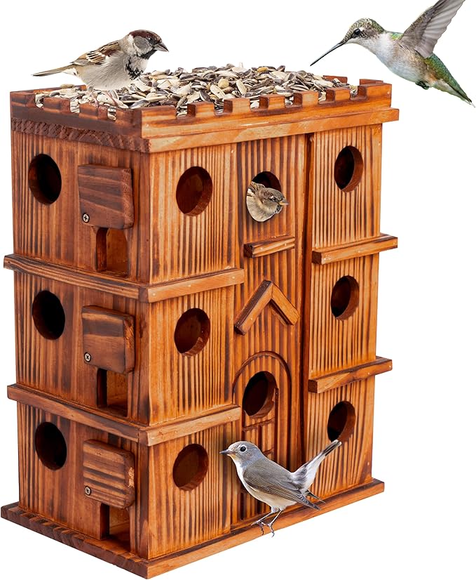 MIXUMON Wooden Bird Houses for Outside – 14 Rooms Large Bird House, Carbonized Pine Rustic Finish, 1.57" Entrance Holes, Cleaning Doors, Outdoor Birdhouse Nesting Box (Rustic, 14 Rooms)