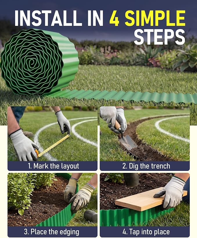 Corrugated Metal Garden Edging, 6"×40Ft Durable Landscape Border for Garden, Lawn, Flower Beds and Paver Edging (Green)