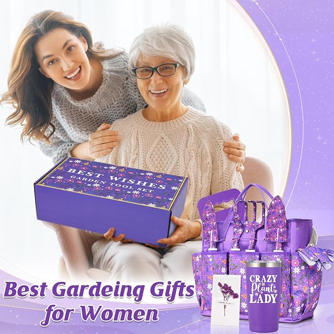 Lifecapido Gardening Gifts for Women, Garden Tool Set, 14 PCS Gardening Tools Set Kit with Tool Bag, Plant Lover Birthday Christmas Mothers Day Garden Tools Gifts for Gardeners Women Mom (Purple)