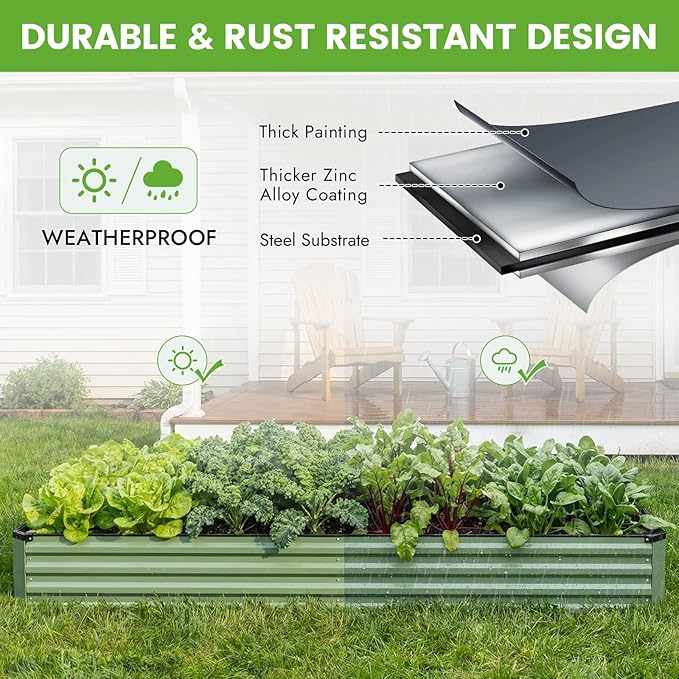 INNO STAGE Galvanized Raised Garden Bed Kits, 12x4x1ft Metal Raised Garden Beds Outdoor, Large Steel Raised Planter Bed with Gloves for Vegetables & Flowers Patio Ground Planter Box(Olive Green, 1PC)