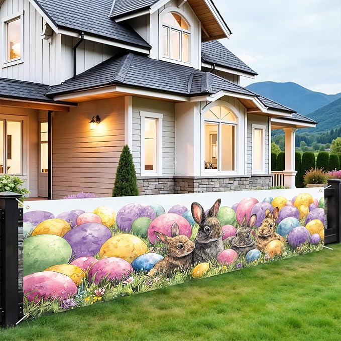 10x3 ft Extra Large Happy Easter Banner Outdoor 115''x35'' Cut Rabbit Banner for Fence Outside Garden Large Bunny Banners Yard