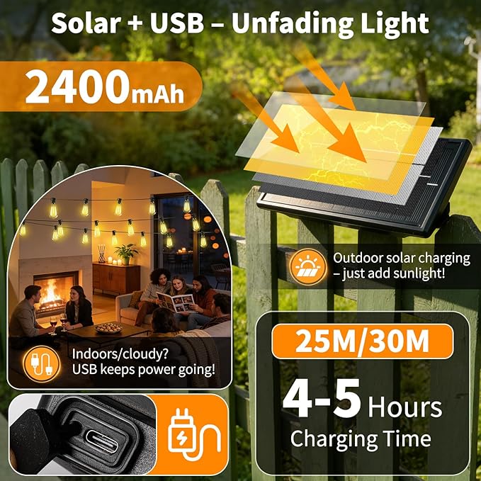 Outdoor Solar String Lights Waterproof: ST38 82ft Shatterproof Patio Lights - Solar Powered & USB Dual Charging - 3 Modes Button Control - Garden Backyard Gazebo Porch Party Decor
