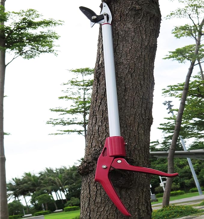 2FT Long Reach Pruner and Fruit Picker with Cut & Hold Feature, Lightweight 0.7lb Aluminum Pole with 90° Rotating Head, High Carbon Steel Sharp Blade, Ergonomic Tree Trimmer for High Branches