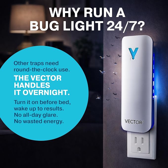 Catchmaster Vector 9 UV Light Plug in Flying Insect Trap - Silent Indoor Bug Catcher for House & Fruit Flies, Gnats & Moths - Mess-Free Easy Setup & Cleanup - with 12 Glue Trap Refills, Year Supply