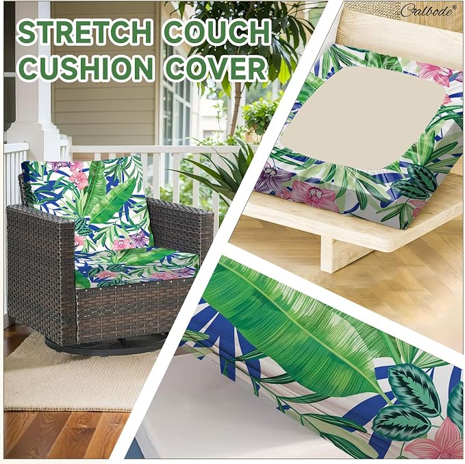 CALBODE 14 Pcs Outdoor Seat Cushion Covers, Stretch Chair Seat Cover for Patio Furniture Cushions Washable Reusable Indoor/Outdoor Couch Cover Replacement (Tropical Plant, Cover Only)