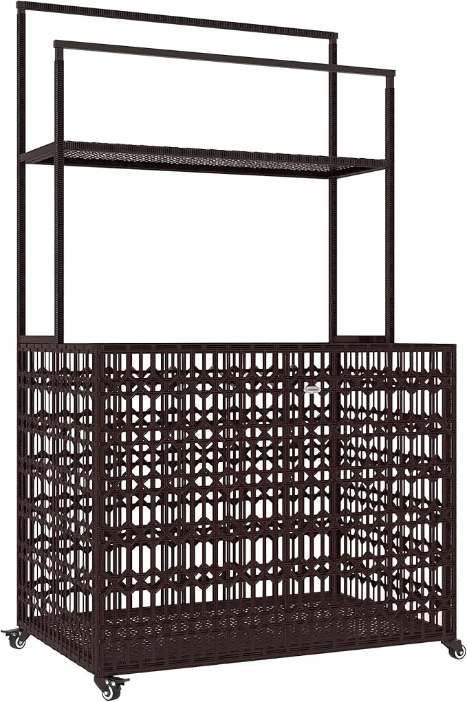 Outsunny Wicker Pool Float Storage Organizer, PE Rattan Pool Float Holder with Basket Shelf Towel Bars, Rolling Pool Caddy for Floaties, Noodles, Life Vests, Beach Balls, Mixed-Brown