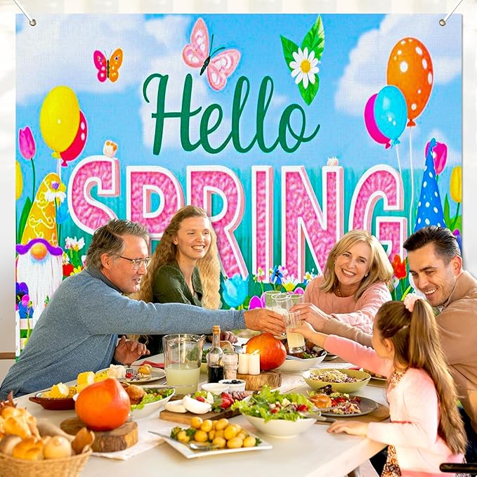 BlissYard Spring Gnome Backdrop 8x6ft Hello Spring Garden Party Background Cute Cartoon Gnome Photography Backdrop for Spring Festival Easter Celebration Birthday Classroom Photo Booth Decor