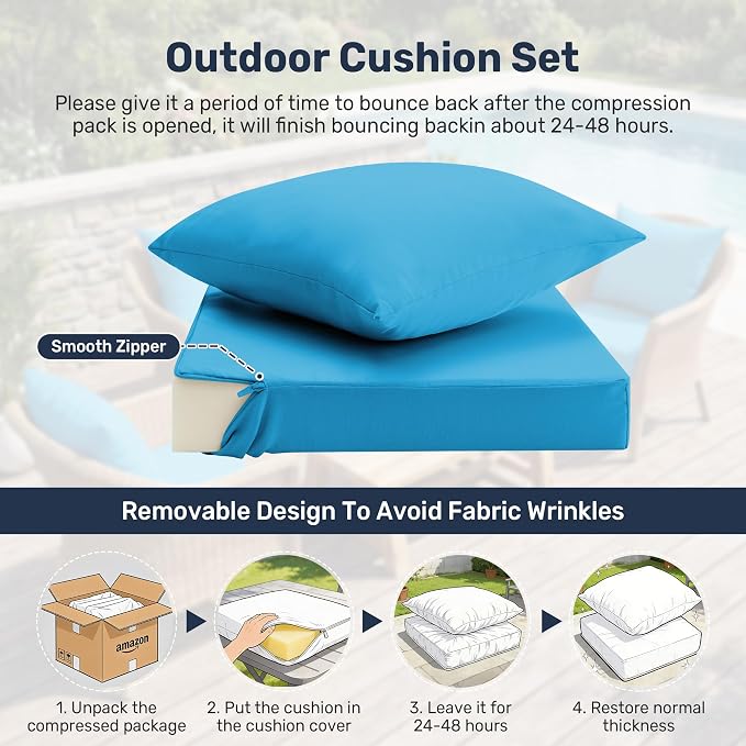 UNIKOME Outdoor Seat Cushions 24 X 24 Inch - Water-Resistant & Fade Resistant, Removable Cover Patio Furniture Cushions for Chair, Sofa, Couch, Wicker, Light Blue