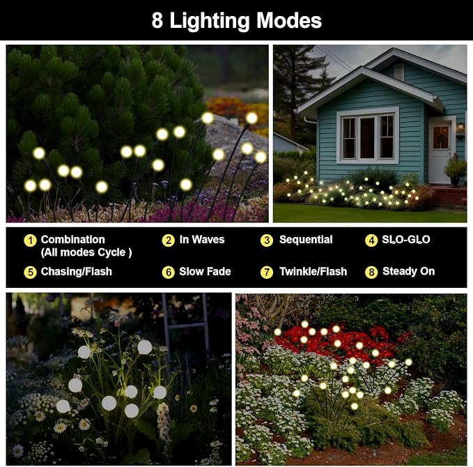 Firefly Lights Solar Outdoor, 8 Modes 800mAh Swaying Solar Firefly Garden Lights Stakes Outdoor Waterproof for Outside Yard Patio Plant Christmas Holiday Garden Decor Warm White(8 Pack)