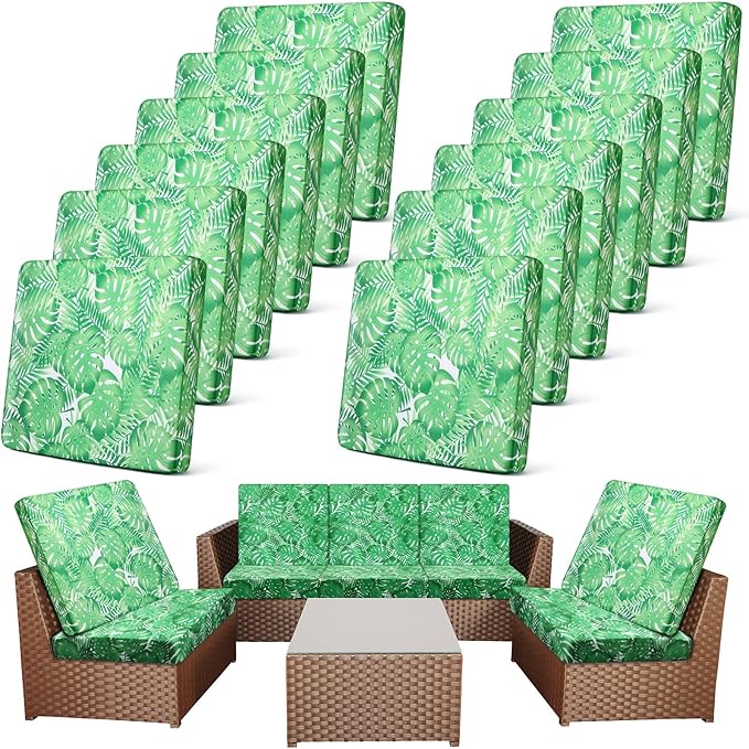 Newwiee 12 Pcs Patio Cushion Covers Outdoor Stretch Sofa Couch Cover Replacement Couch Slipcover Sofa Seat Chair Porch Patio Furniture Protector, Flexibility Washable(Green,Monstera)