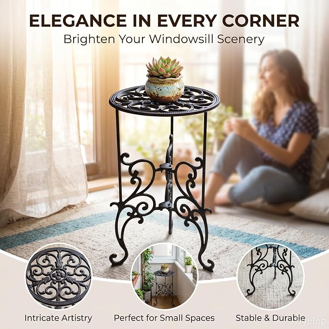Vintage Scrollwork Cast Iron Plant Stand, Black, 22.6 x 9.3 x 22 Inch, Heavy-Duty Oval Top, Indoor Outdoor Use (19.3" Tall Circular Pattern)
