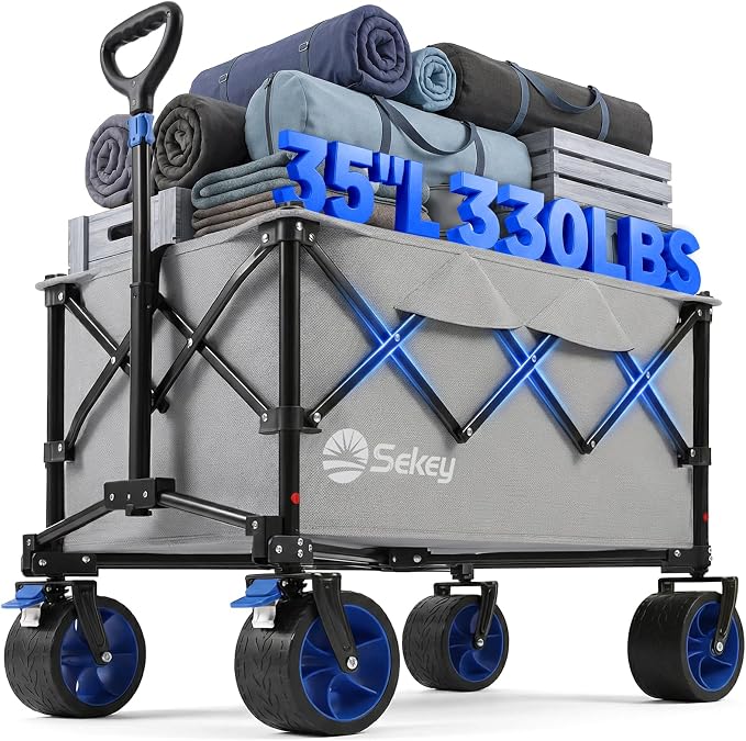 Sekey 150L Wagons Carts Foldable with Big All-Terrian Beach Wheels, Collapsible Heavy Duty Wagon, Extra Large Folding Wagon, Foldable Wagon for Camping, Garden, Sports. Gray