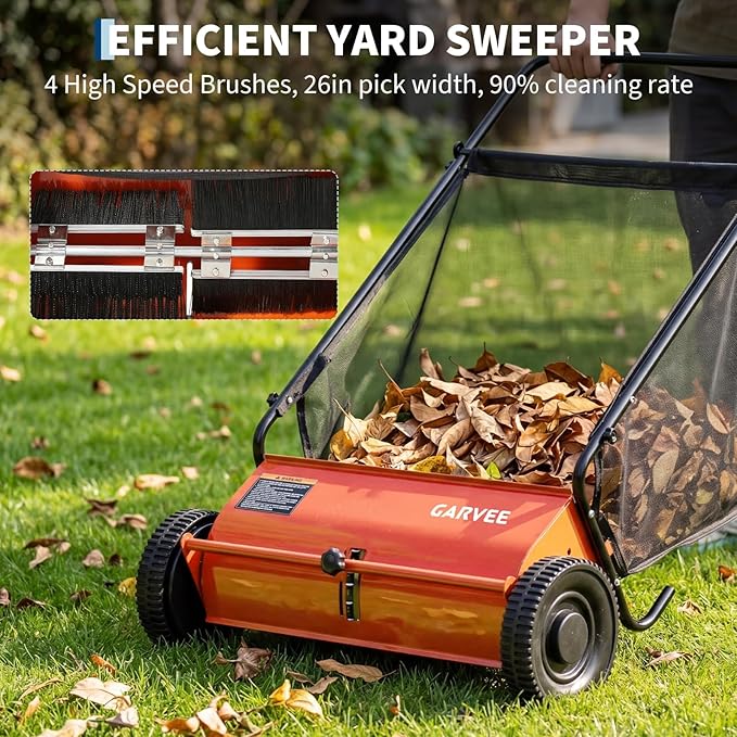 Push Lawn Sweeper, 26-Inch Width, 7 Cu. ft. Hopper Capacity, 4 Spinning Brushes, Adjustable Height, Durable Steel Frame with Rubber Wheels, Ideal for Leaves and Grass