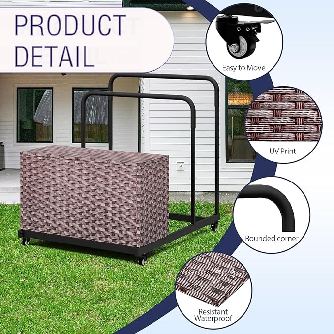 FONTOI Pool Storage, All-Weather Float Storage Organizer for Cushions, Pool Float Storage Bin with Wheels, Waterproof Metal with Rattan Pattern UV Print Outdoor Pool Towel Rack, Brown