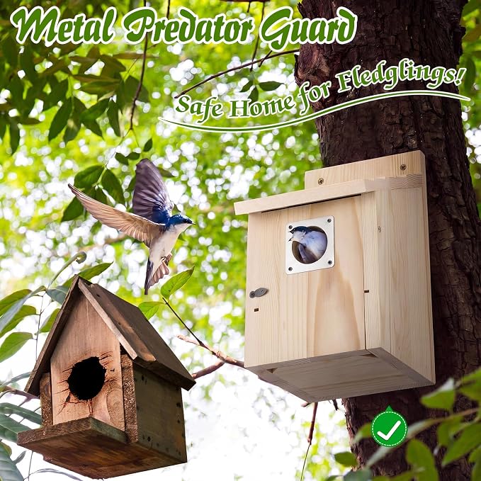 Dreyoo 4 Pack Bluebird Houses for Outside with Metal Predator Guard, 1-1/2" Entrance Hole Wooden Blue Bird Houses for Outdoors, Bluebird Nesting Box(Wood)