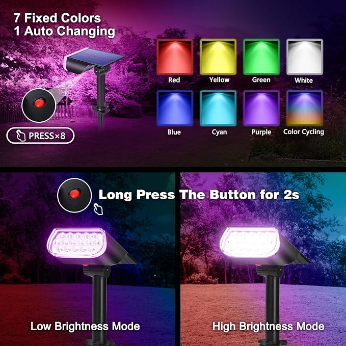 Solar Spot Lights Outdoor Waterproof IP67, Color Changing RGB Landscape Spotlights 8 Lighting Modes Solar Outdoor Lights for Yard Garden Pathway 4 Pack