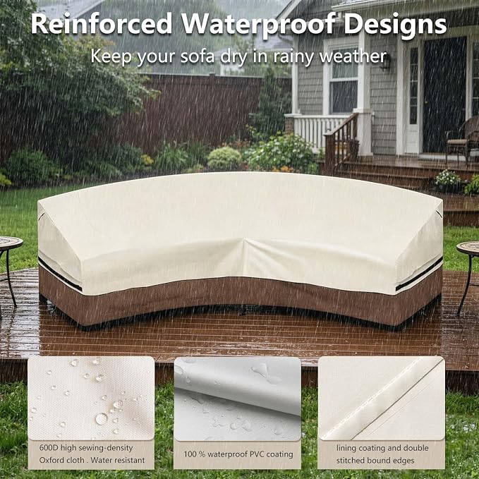 Okcool Outdoor Sectional Cover,Curved Patio Furniture Covers for 3-4 Seater Outdoor Furniture Couch,120"(Back Arc Length) x 82"(Front Arc Length),Beige & Brown
