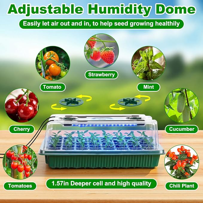 8 Pack Starter Tray with Light, 320 Cells Sprouting Kit Seedling Tray with Humidity Domes, Remote, Timer, Adjustable Light & Gloves, Starter for Indoor Greenhouse