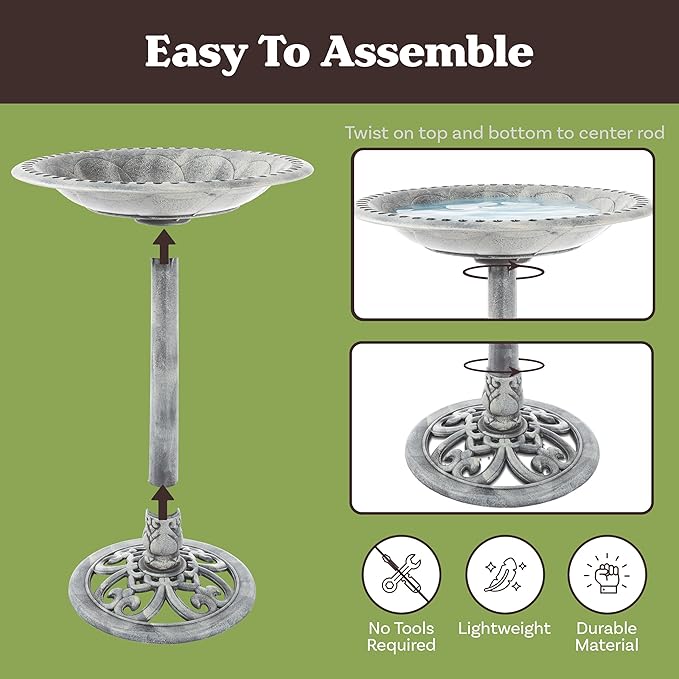 Outdoor Antique-Style Bird Bath - Weather-Resistant Polyresin Basin with Vintage Design and Ground Stakes - Yard and Patio Decor by Pure Garden (Gray)